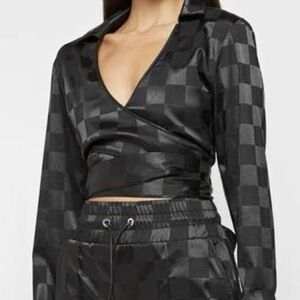 Manière De Voir Satin Wrap Cropped Long Sleeve Checkered Top